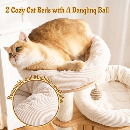 Hittite Modern Cat Tree Tower with Scratching Post, 61.5in Tall Cat Tree for Indoor Cats, Multi-Level Solid Wood Cat Furniture, Cozy Cat Beds, Cat Condo, Capsule Nest, Dangling Toy, Natural