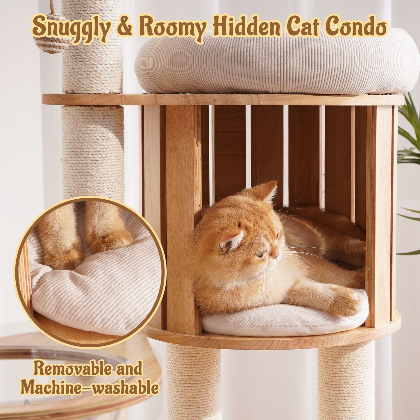 Hittite Modern Cat Tree Tower with Scratching Post, 61.5in Tall Cat Tree for Indoor Cats, Multi-Level Solid Wood Cat Furniture, Cozy Cat Beds, Cat Condo, Capsule Nest, Dangling Toy, Natural