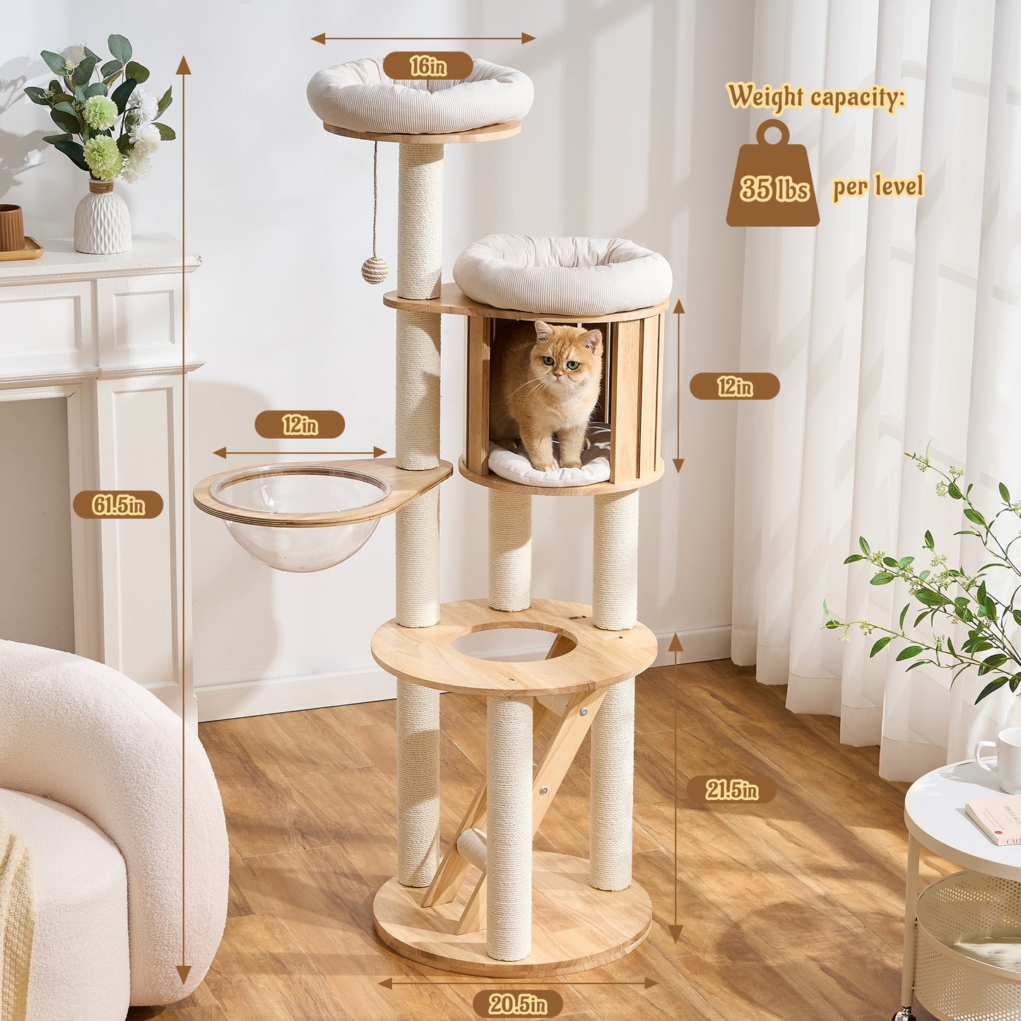 Hittite Modern Cat Tree Tower with Scratching Post, 61.5in Tall Cat Tree for Indoor Cats, Multi-Level Solid Wood Cat Furniture, Cozy Cat Beds, Cat Condo, Capsule Nest, Dangling Toy, Natural