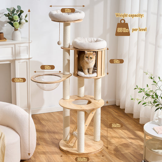 Hittite Modern Cat Tree Tower with Scratching Post, 61.5in Tall Cat Tree for Indoor Cats, Multi-Level Solid Wood Cat Furniture, Cozy Cat Beds, Cat Condo, Capsule Nest, Dangling Toy, Natural