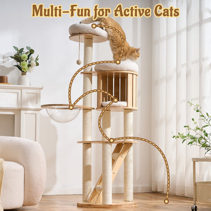 Hittite Modern Cat Tree Tower with Scratching Post, 61.5in Tall Cat Tree for Indoor Cats, Multi-Level Solid Wood Cat Furniture, Cozy Cat Beds, Cat Condo, Capsule Nest, Dangling Toy, Natural
