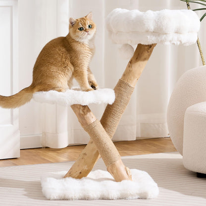 Hittite Natural Wood Cat Tree for Indoor Cats Small to Medium Up to 12lbs, 33in Modern Cat Tree Tower with Super Soft Plush Cat Bed & Perch, Sisal Scratching Posts and Hanging Plush Ball, Soft Khaki
