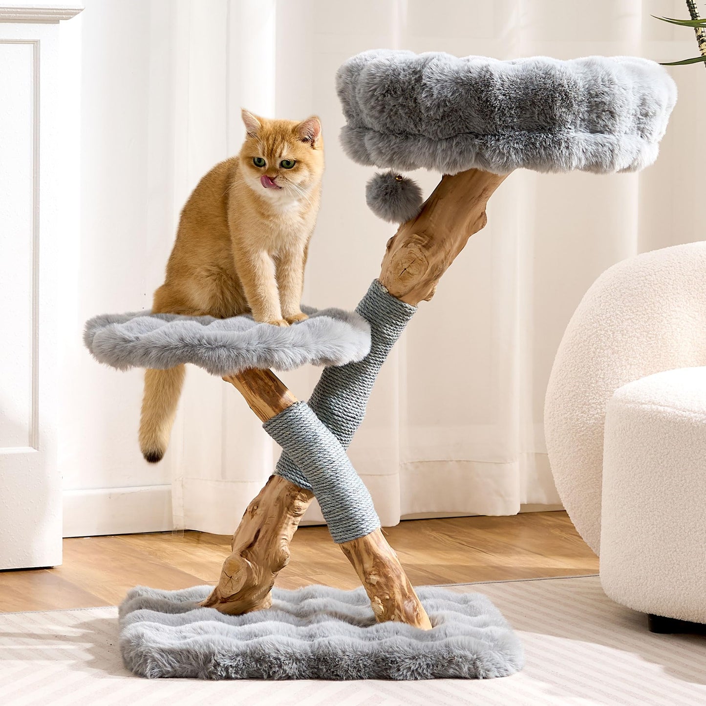 Hittite Natural Wood Cat Tree for Indoor Cats Small to Medium Up to 12lbs, 33in Modern Cat Tree Tower with Super Soft Plush Cat Bed & Perch, Sisal Scratching Posts and Hanging Plush Ball, Soft Khaki