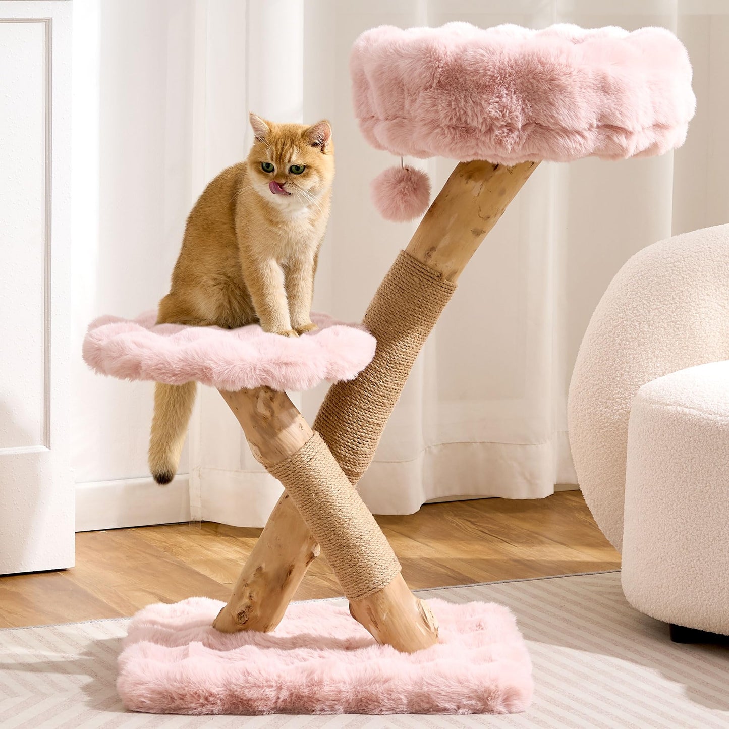Hittite Natural Wood Cat Tree for Indoor Cats Small to Medium Up to 12lbs, 33in Modern Cat Tree Tower with Super Soft Plush Cat Bed & Perch, Sisal Scratching Posts and Hanging Plush Ball, Soft Khaki