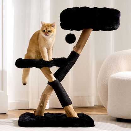 Hittite Natural Wood Cat Tree for Indoor Cats Small to Medium Up to 12lbs, 33in Modern Cat Tree Tower with Super Soft Plush Cat Bed & Perch, Sisal Scratching Posts and Hanging Plush Ball, Soft Khaki