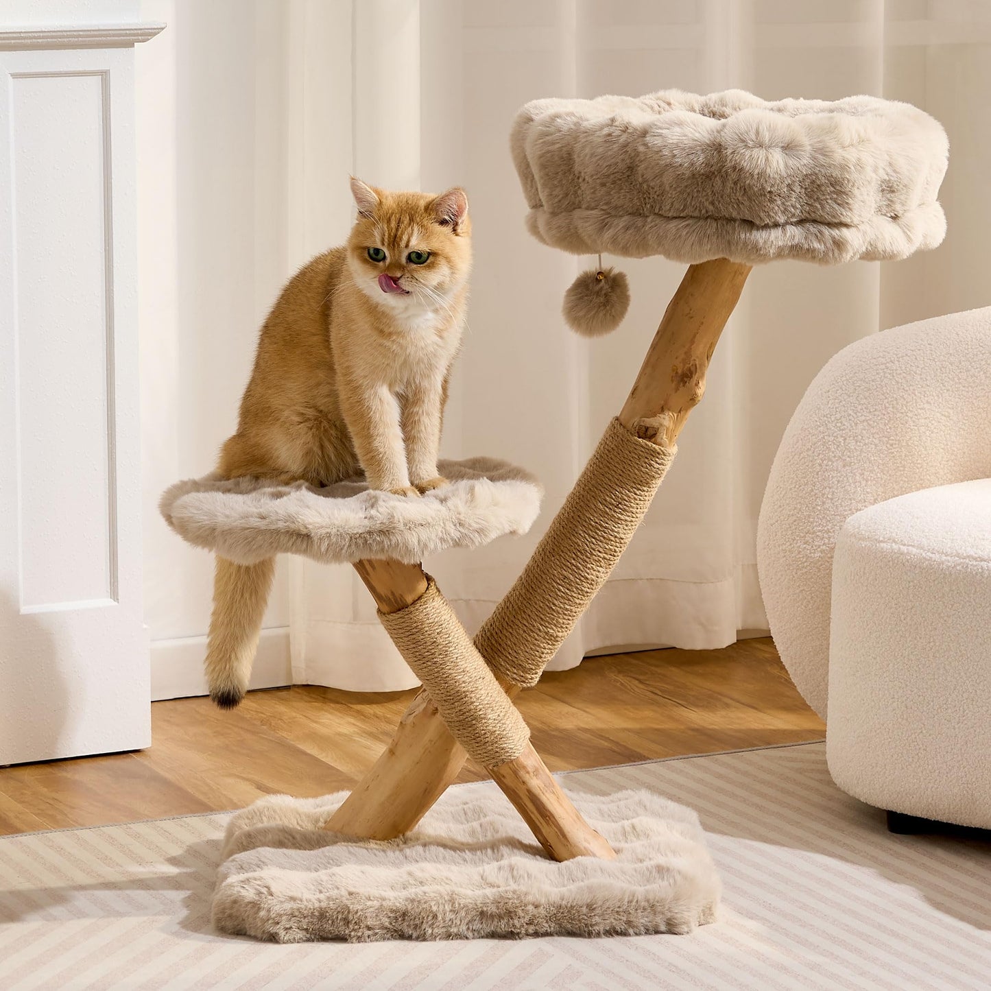 Hittite Natural Wood Cat Tree for Indoor Cats Small to Medium Up to 12lbs, 33in Modern Cat Tree Tower with Super Soft Plush Cat Bed & Perch, Sisal Scratching Posts and Hanging Plush Ball, Soft Khaki