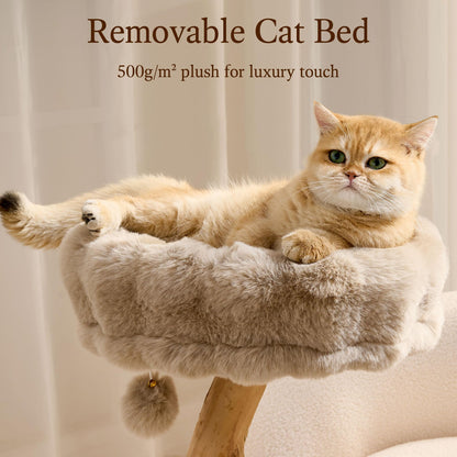 Hittite Natural Wood Cat Tree for Indoor Cats Small to Medium Up to 12lbs, 33in Modern Cat Tree Tower with Super Soft Plush Cat Bed & Perch, Sisal Scratching Posts and Hanging Plush Ball, Soft Khaki