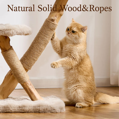 Hittite Natural Wood Cat Tree for Indoor Cats Small to Medium Up to 12lbs, 33in Modern Cat Tree Tower with Super Soft Plush Cat Bed & Perch, Sisal Scratching Posts and Hanging Plush Ball, Soft Khaki