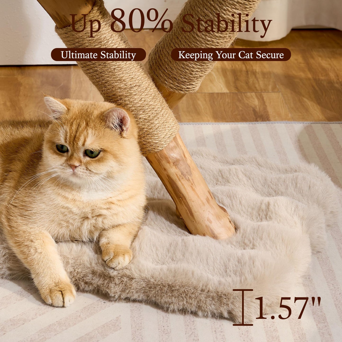 Hittite Natural Wood Cat Tree for Indoor Cats Small to Medium Up to 12lbs, 33in Modern Cat Tree Tower with Super Soft Plush Cat Bed & Perch, Sisal Scratching Posts and Hanging Plush Ball, Soft Khaki