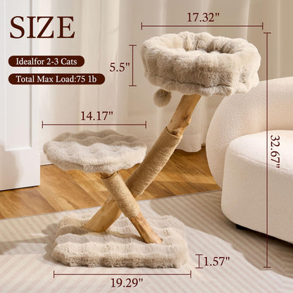Hittite Natural Wood Cat Tree for Indoor Cats Small to Medium Up to 12lbs, 33in Modern Cat Tree Tower with Super Soft Plush Cat Bed & Perch, Sisal Scratching Posts and Hanging Plush Ball, Soft Khaki