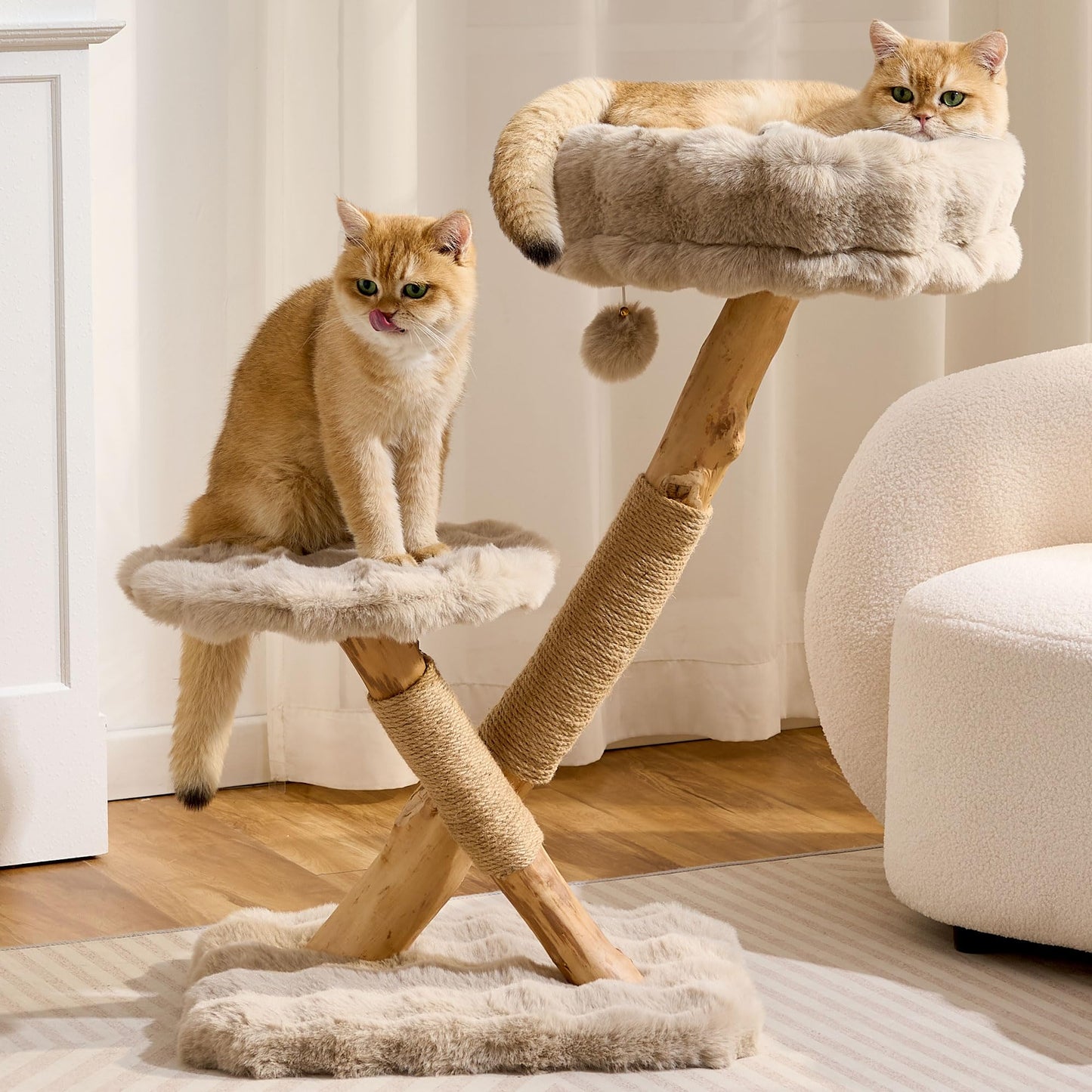 Hittite Natural Wood Cat Tree for Indoor Cats Small to Medium Up to 12lbs, 33in Modern Cat Tree Tower with Super Soft Plush Cat Bed & Perch, Sisal Scratching Posts and Hanging Plush Ball, Soft Khaki