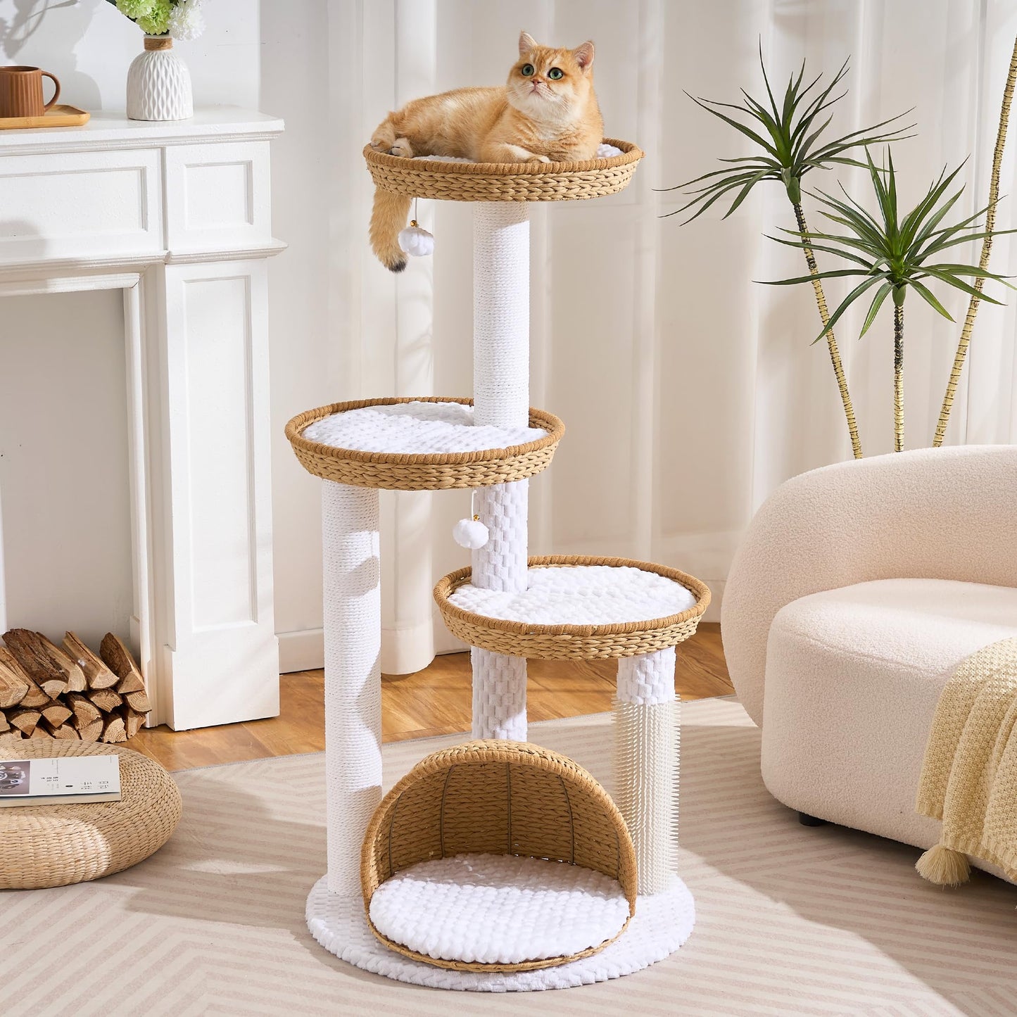 46" Modern Cat Tree for Indoor Cats up to 12 lbs, Wicker Cat Tower with Large Handwoven Cat Beds & Cave, Scratching Posts, Self-Groomer, Aesthetic Furniture for Multi-cat Homes, Natural