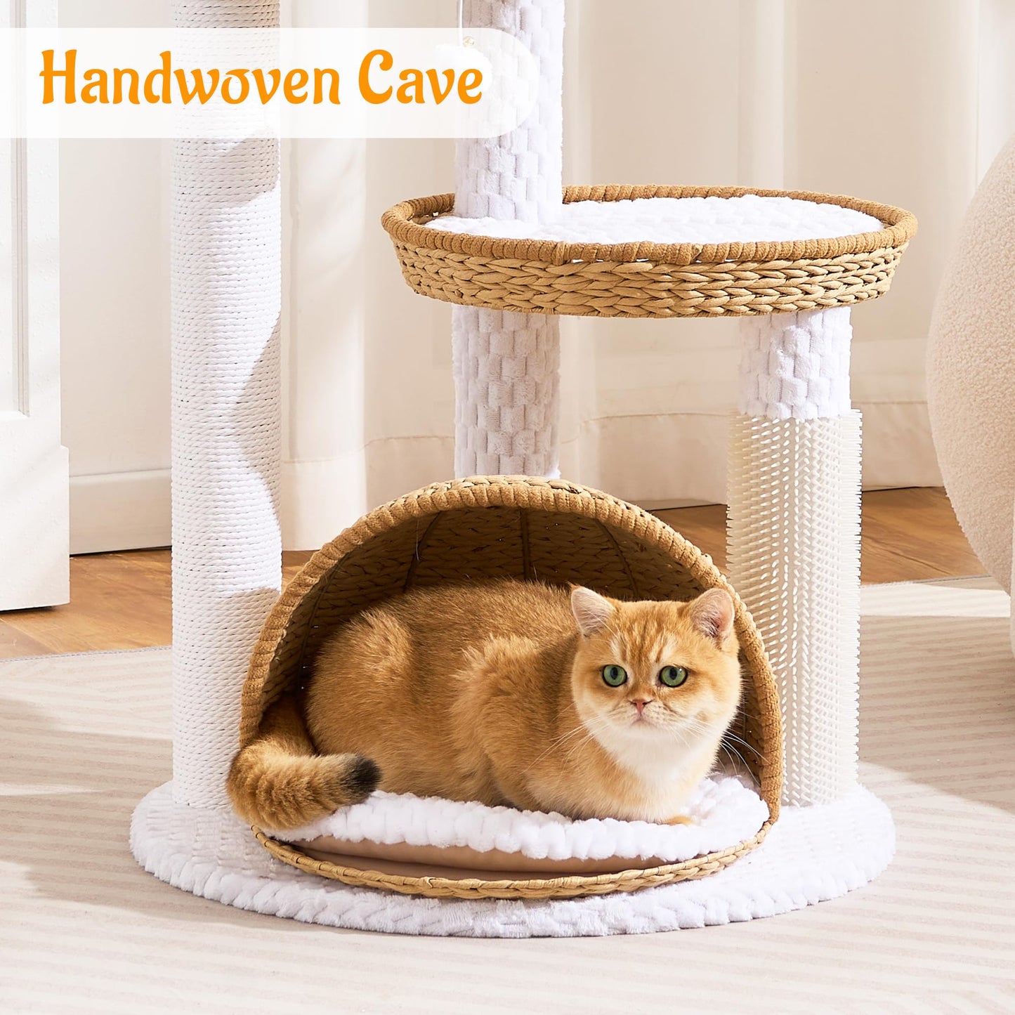 46" Modern Cat Tree for Indoor Cats up to 12 lbs, Wicker Cat Tower with Large Handwoven Cat Beds & Cave, Scratching Posts, Self-Groomer, Aesthetic Furniture for Multi-cat Homes, Natural