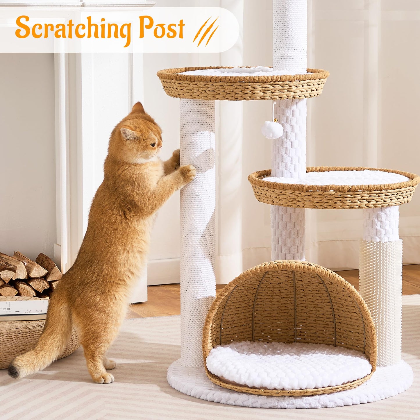46" Modern Cat Tree for Indoor Cats up to 12 lbs, Wicker Cat Tower with Large Handwoven Cat Beds & Cave, Scratching Posts, Self-Groomer, Aesthetic Furniture for Multi-cat Homes, Natural
