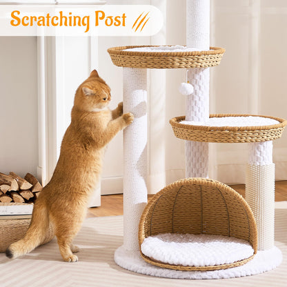 46" Modern Cat Tree for Indoor Cats up to 12 lbs, Wicker Cat Tower with Large Handwoven Cat Beds & Cave, Scratching Posts, Self-Groomer, Aesthetic Furniture for Multi-cat Homes, Natural