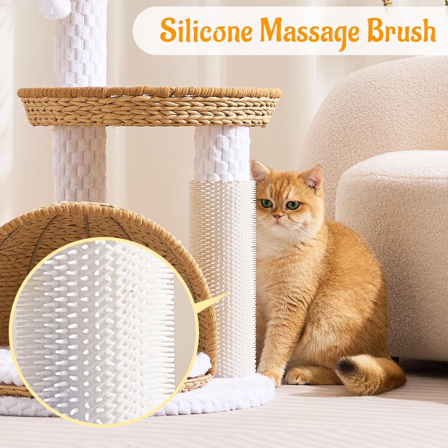 46" Modern Cat Tree for Indoor Cats up to 12 lbs, Wicker Cat Tower with Large Handwoven Cat Beds & Cave, Scratching Posts, Self-Groomer, Aesthetic Furniture for Multi-cat Homes, Natural
