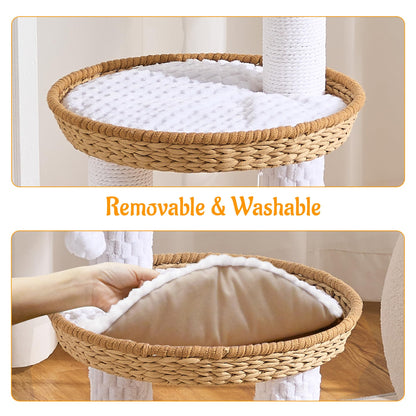 46" Modern Cat Tree for Indoor Cats up to 12 lbs, Wicker Cat Tower with Large Handwoven Cat Beds & Cave, Scratching Posts, Self-Groomer, Aesthetic Furniture for Multi-cat Homes, Natural