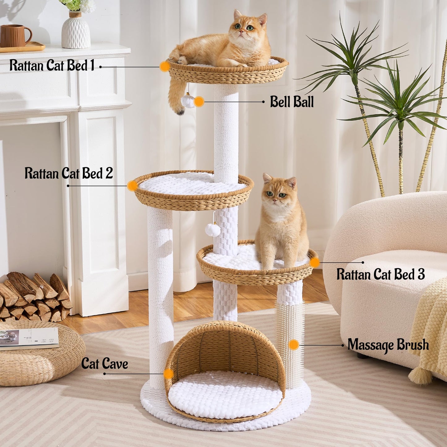 46" Modern Cat Tree for Indoor Cats up to 12 lbs, Wicker Cat Tower with Large Handwoven Cat Beds & Cave, Scratching Posts, Self-Groomer, Aesthetic Furniture for Multi-cat Homes, Natural