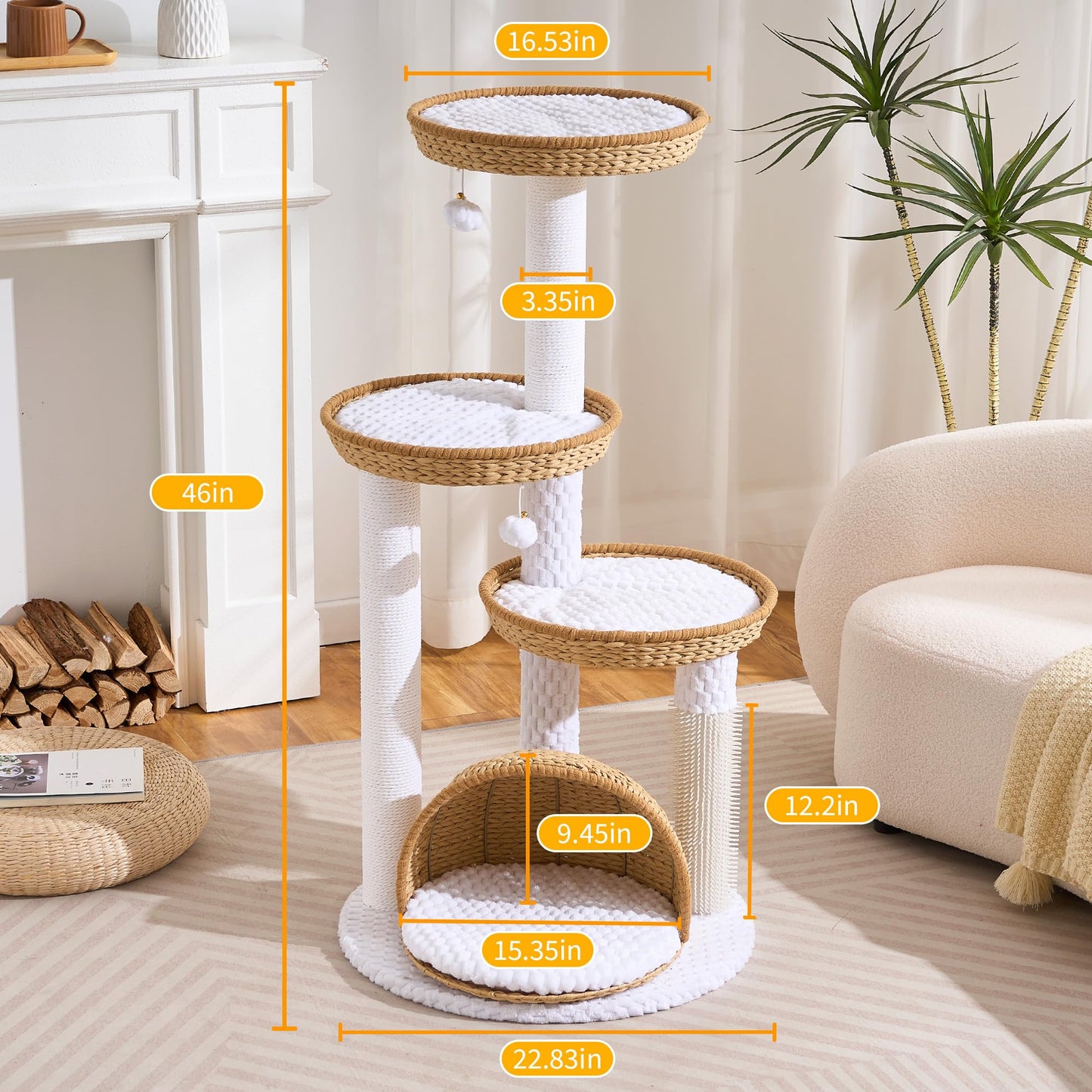46" Modern Cat Tree for Indoor Cats up to 12 lbs, Wicker Cat Tower with Large Handwoven Cat Beds & Cave, Scratching Posts, Self-Groomer, Aesthetic Furniture for Multi-cat Homes, Natural