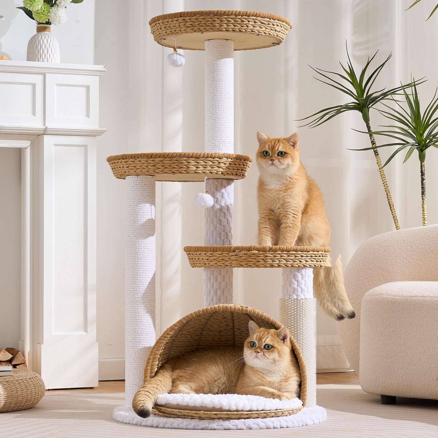 46" Modern Cat Tree for Indoor Cats up to 12 lbs, Wicker Cat Tower with Large Handwoven Cat Beds & Cave, Scratching Posts, Self-Groomer, Aesthetic Furniture for Multi-cat Homes, Natural