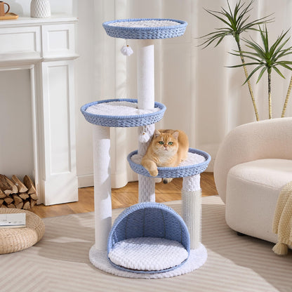 46" Modern Cat Tree for Indoor Cats up to 12 lbs, Wicker Cat Tower with Large Handwoven Cat Beds & Cave, Scratching Posts, Self-Groomer, Aesthetic Furniture for Multi-cat Homes, Natural