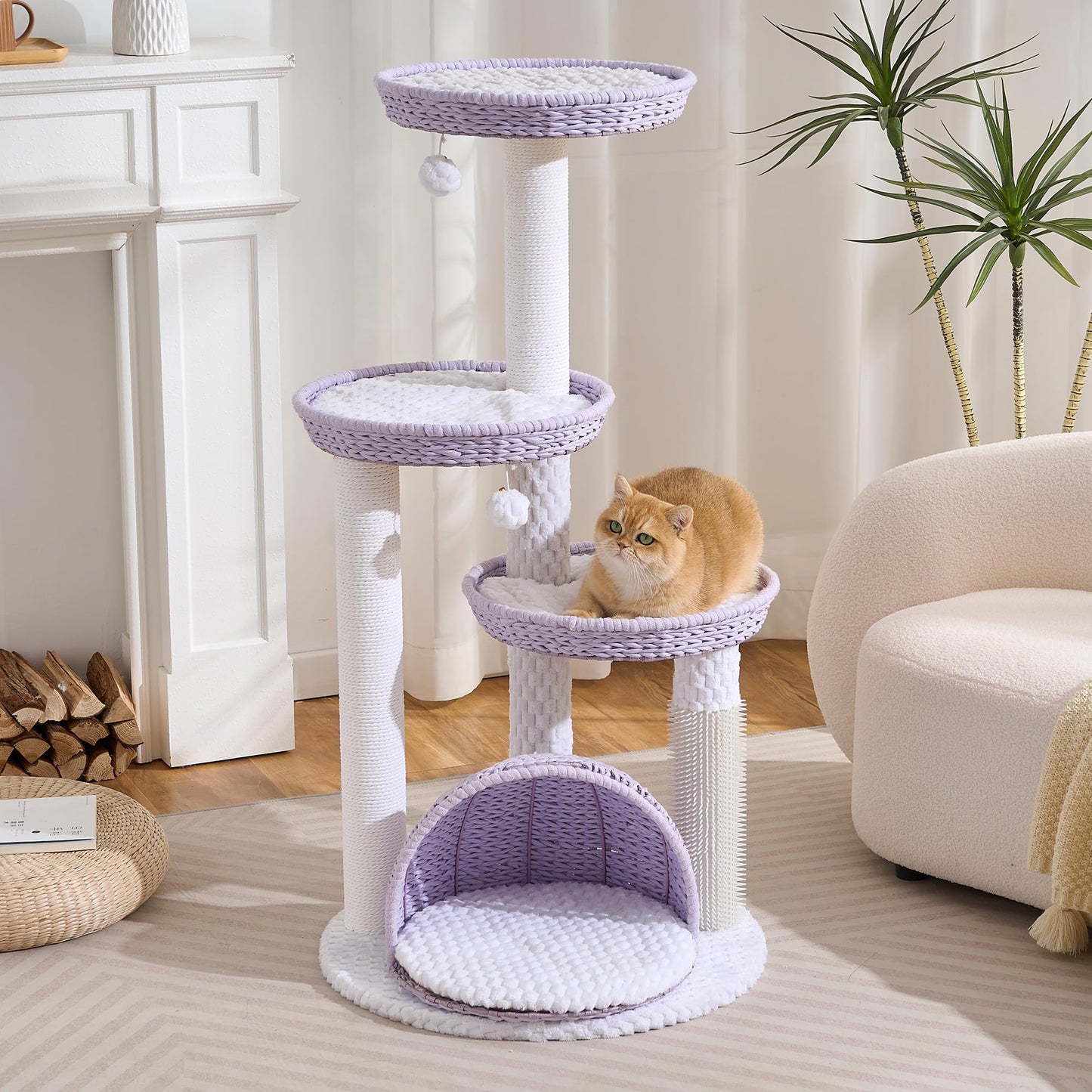46" Modern Cat Tree for Indoor Cats up to 12 lbs, Wicker Cat Tower with Large Handwoven Cat Beds & Cave, Scratching Posts, Self-Groomer, Aesthetic Furniture for Multi-cat Homes, Natural