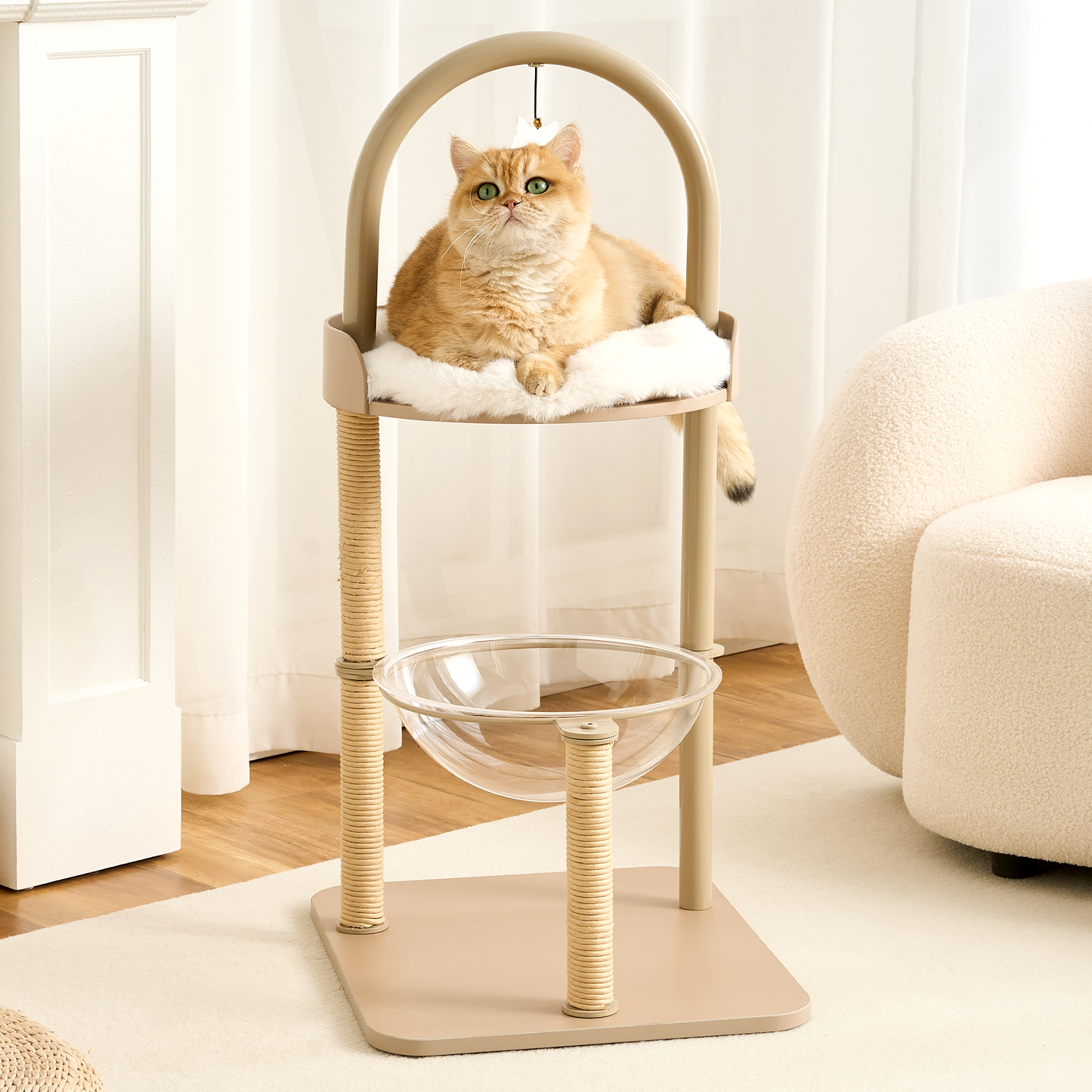 Hittite 34" Modern Cat Tree Furniture, Minimalist Metal Frame Cat Tower with Wood Platforms, Washable Cushion & Scratching Post, Stylish Cat Condo for Indoor Cats