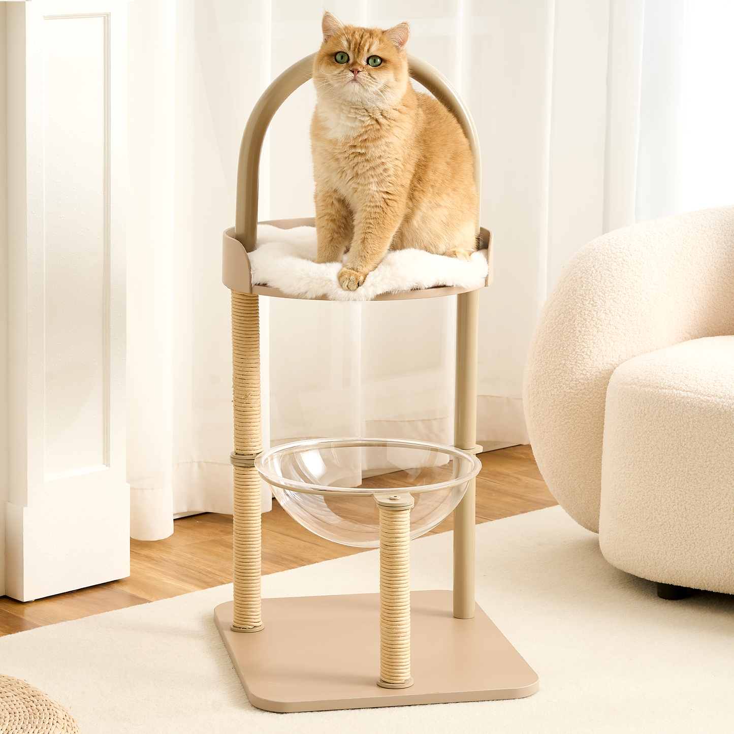 Hittite 34" Modern Cat Tree Furniture, Minimalist Metal Frame Cat Tower with Wood Platforms, Washable Cushion & Scratching Post, Stylish Cat Condo for Indoor Cats