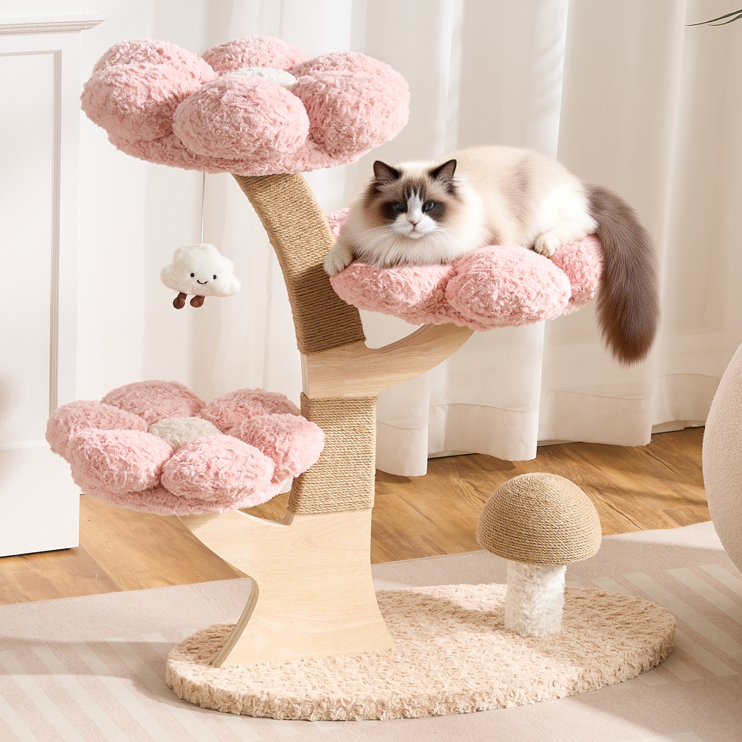Hittite Aesthetic Flower Cat Tree Tower with Scratching Post for Indoor Cats, 37" H Modern Cat Tree with Wood Sculpted Branch, Flower Cat Beds, Mushroom Scratcher & Interactive Squeaky Toy
