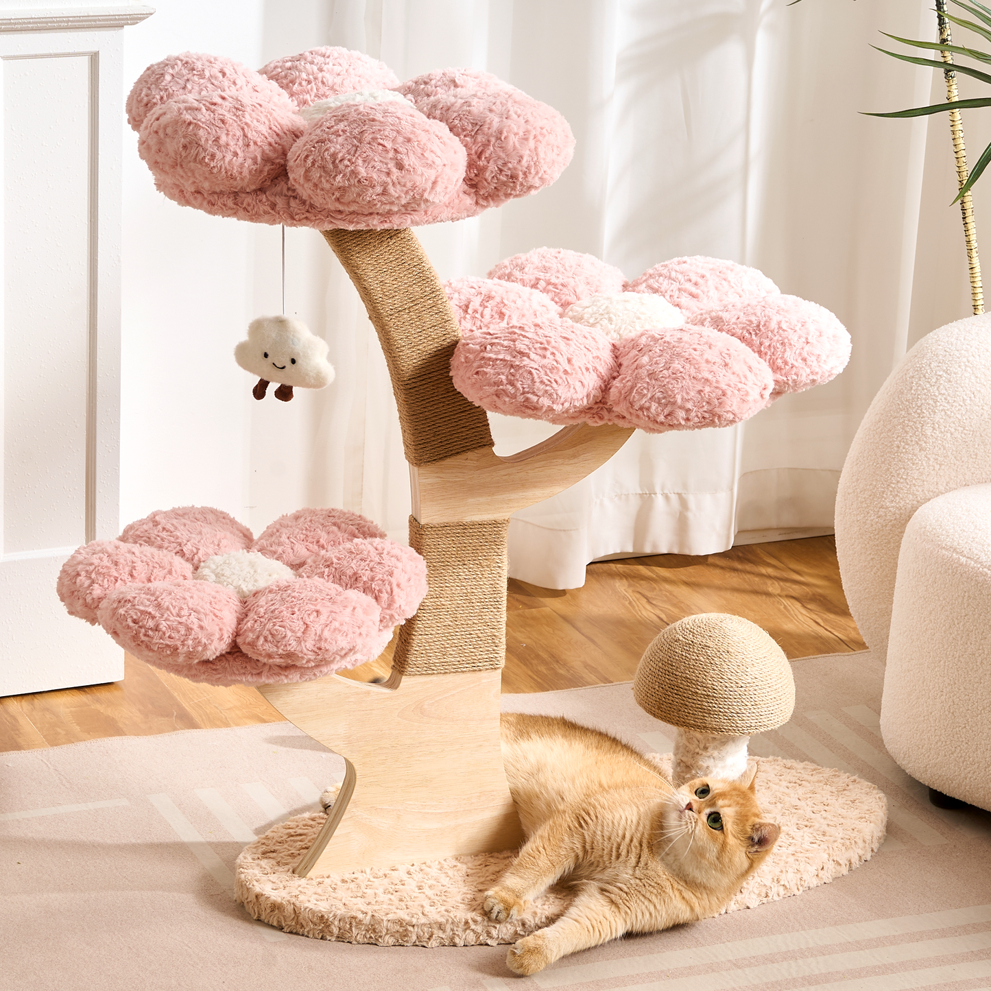 Hittite Aesthetic Flower Cat Tree Tower with Scratching Post for Indoor Cats, 37" H Modern Cat Tree with Wood Sculpted Branch, Flower Cat Beds, Mushroom Scratcher & Interactive Squeaky Toy