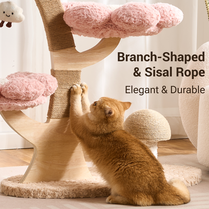Hittite Aesthetic Flower Cat Tree Tower with Scratching Post for Indoor Cats, 37" H Modern Cat Tree with Wood Sculpted Branch, Flower Cat Beds, Mushroom Scratcher & Interactive Squeaky Toy