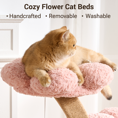 Hittite Aesthetic Flower Cat Tree Tower with Scratching Post for Indoor Cats, 37" H Modern Cat Tree with Wood Sculpted Branch, Flower Cat Beds, Mushroom Scratcher & Interactive Squeaky Toy