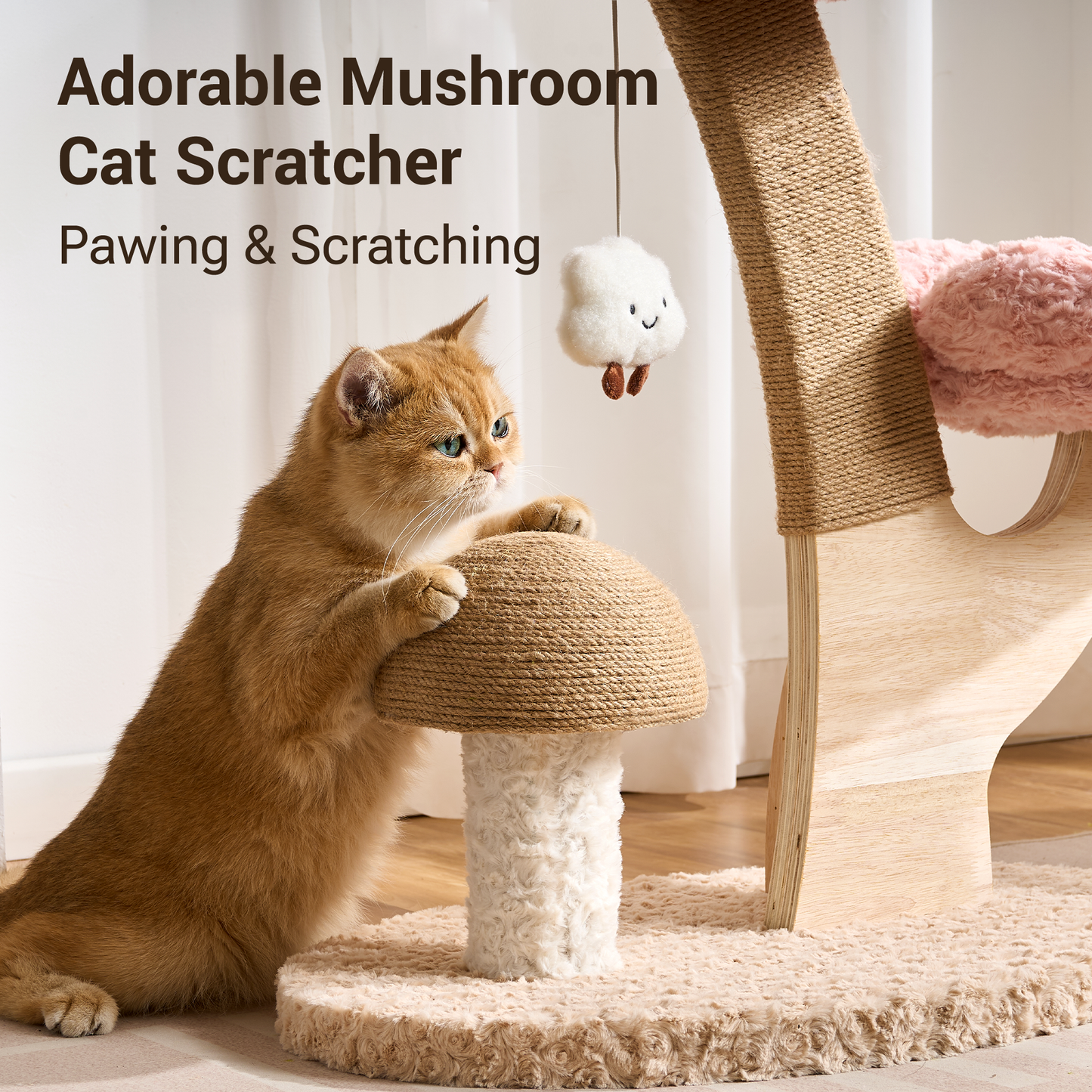 Hittite Aesthetic Flower Cat Tree Tower with Scratching Post for Indoor Cats, 37" H Modern Cat Tree with Wood Sculpted Branch, Flower Cat Beds, Mushroom Scratcher & Interactive Squeaky Toy