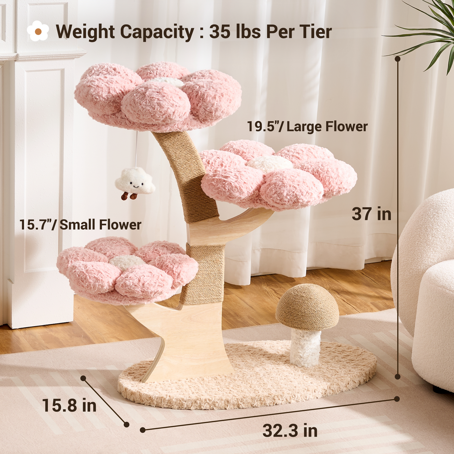 Hittite Aesthetic Flower Cat Tree Tower with Scratching Post for Indoor Cats, 37" H Modern Cat Tree with Wood Sculpted Branch, Flower Cat Beds, Mushroom Scratcher & Interactive Squeaky Toy