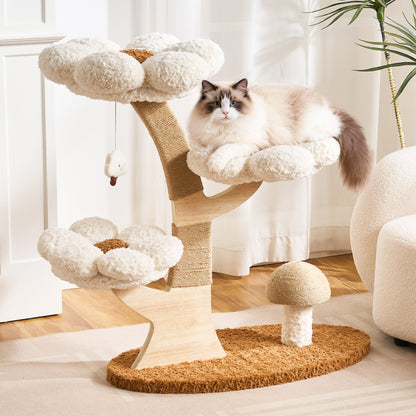 Hittite Aesthetic Flower Cat Tree Tower with Scratching Post for Indoor Cats, 37" H Modern Cat Tree with Wood Sculpted Branch, Flower Cat Beds, Mushroom Scratcher & Interactive Squeaky Toy