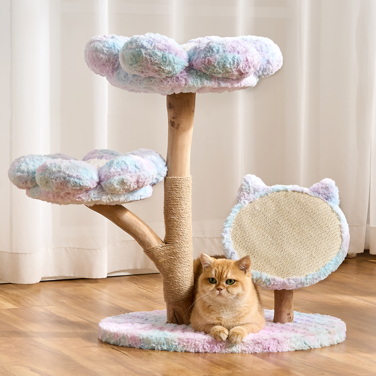 Hittite Aesthetic Flower Cat Tree Tower with Scratching Post for Indoor Cats, 30" H Modern Cat Tree with Natural Solid Wood Branch, Fluffy Cat Beds Removable & Large Scratching Board