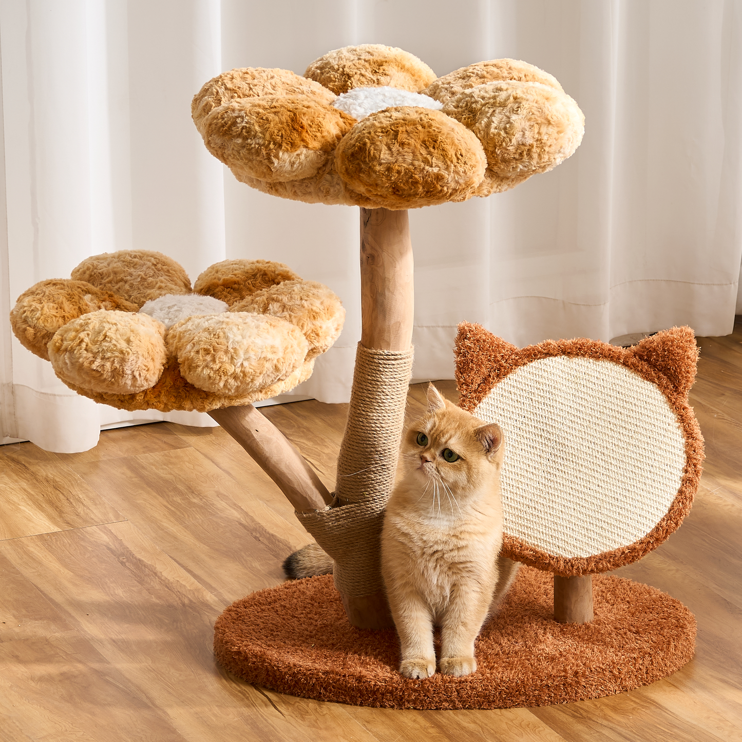 Hittite Aesthetic Flower Cat Tree Tower with Scratching Post for Indoor Cats, 30" H Modern Cat Tree with Natural Solid Wood Branch, Fluffy Cat Beds Removable & Large Scratching Board