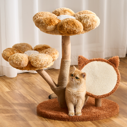 Hittite Aesthetic Flower Cat Tree Tower with Scratching Post for Indoor Cats, 30" H Modern Cat Tree with Natural Solid Wood Branch, Fluffy Cat Beds Removable & Large Scratching Board