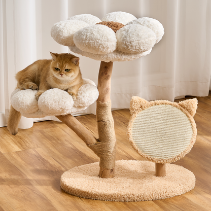 Hittite Aesthetic Flower Cat Tree Tower with Scratching Post for Indoor Cats, 30" H Modern Cat Tree with Natural Solid Wood Branch, Fluffy Cat Beds Removable & Large Scratching Board
