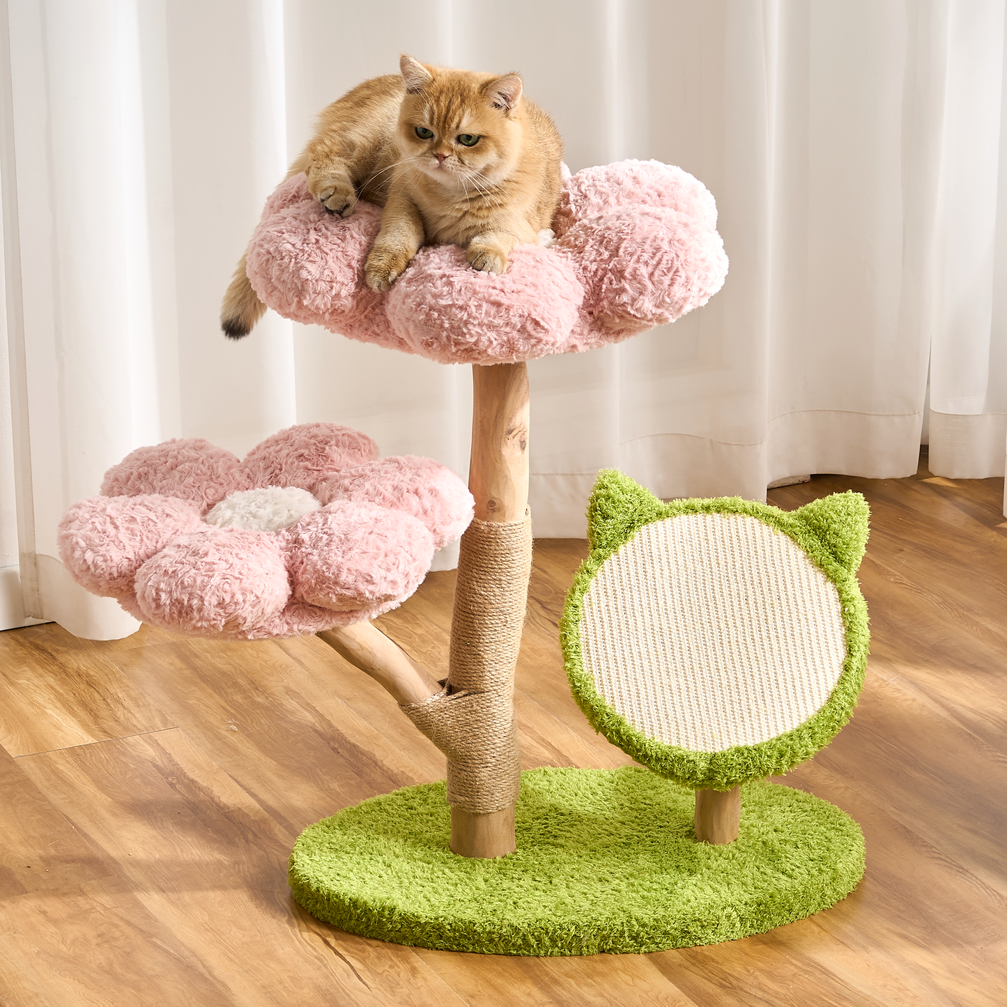 Hittite Aesthetic Flower Cat Tree Tower with Scratching Post for Indoor Cats, 30" H Modern Cat Tree with Natural Solid Wood Branch, Fluffy Cat Beds Removable & Large Scratching Board