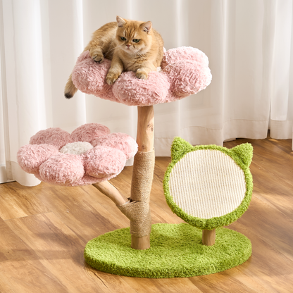 Hittite Aesthetic Flower Cat Tree Tower with Scratching Post for Indoor Cats, 30" H Modern Cat Tree with Natural Solid Wood Branch, Fluffy Cat Beds Removable & Large Scratching Board