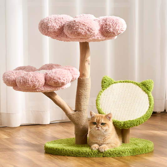 Hittite Aesthetic Flower Cat Tree Tower with Scratching Post for Indoor Cats, 30" H Modern Cat Tree with Natural Solid Wood Branch, Fluffy Cat Beds Removable & Large Scratching Board
