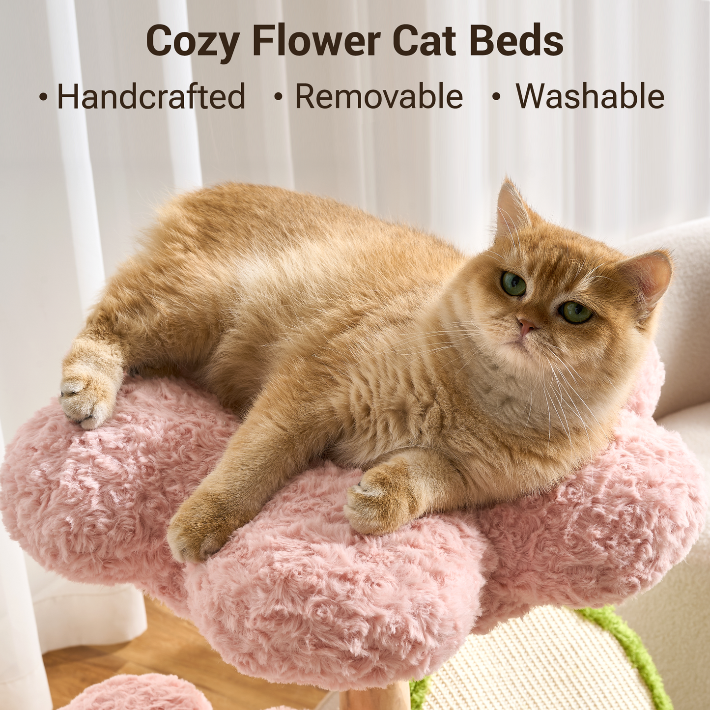 Hittite Aesthetic Flower Cat Tree Tower with Scratching Post for Indoor Cats, 30" H Modern Cat Tree with Natural Solid Wood Branch, Fluffy Cat Beds Removable & Large Scratching Board