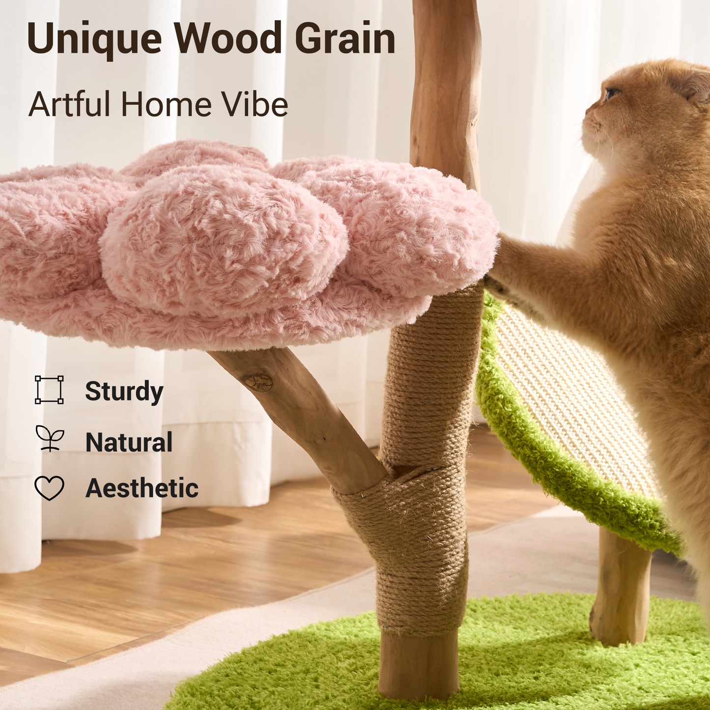Hittite Aesthetic Flower Cat Tree Tower with Scratching Post for Indoor Cats, 30" H Modern Cat Tree with Natural Solid Wood Branch, Fluffy Cat Beds Removable & Large Scratching Board