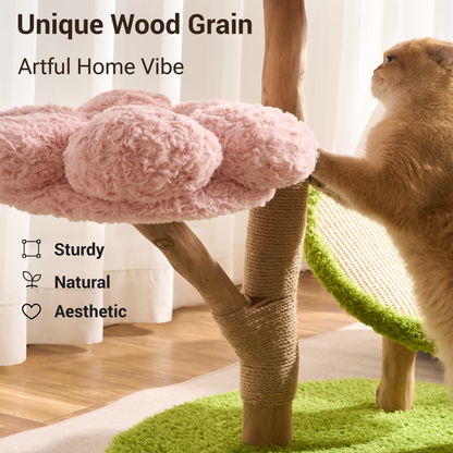 Hittite Aesthetic Flower Cat Tree Tower with Scratching Post for Indoor Cats, 30" H Modern Cat Tree with Natural Solid Wood Branch, Fluffy Cat Beds Removable & Large Scratching Board