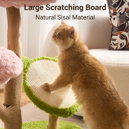Hittite Aesthetic Flower Cat Tree Tower with Scratching Post for Indoor Cats, 30" H Modern Cat Tree with Natural Solid Wood Branch, Fluffy Cat Beds Removable & Large Scratching Board