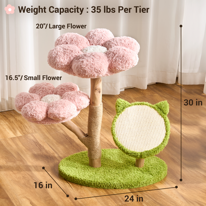 Hittite Aesthetic Flower Cat Tree Tower with Scratching Post for Indoor Cats, 30" H Modern Cat Tree with Natural Solid Wood Branch, Fluffy Cat Beds Removable & Large Scratching Board