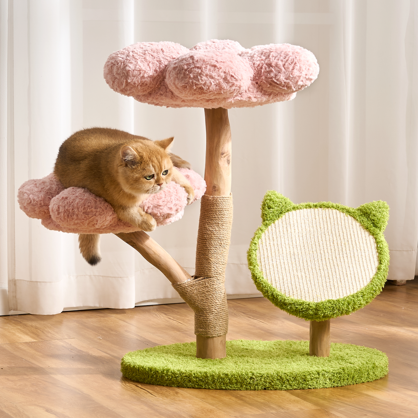 Hittite Aesthetic Flower Cat Tree Tower with Scratching Post for Indoor Cats, 30" H Modern Cat Tree with Natural Solid Wood Branch, Fluffy Cat Beds Removable & Large Scratching Board