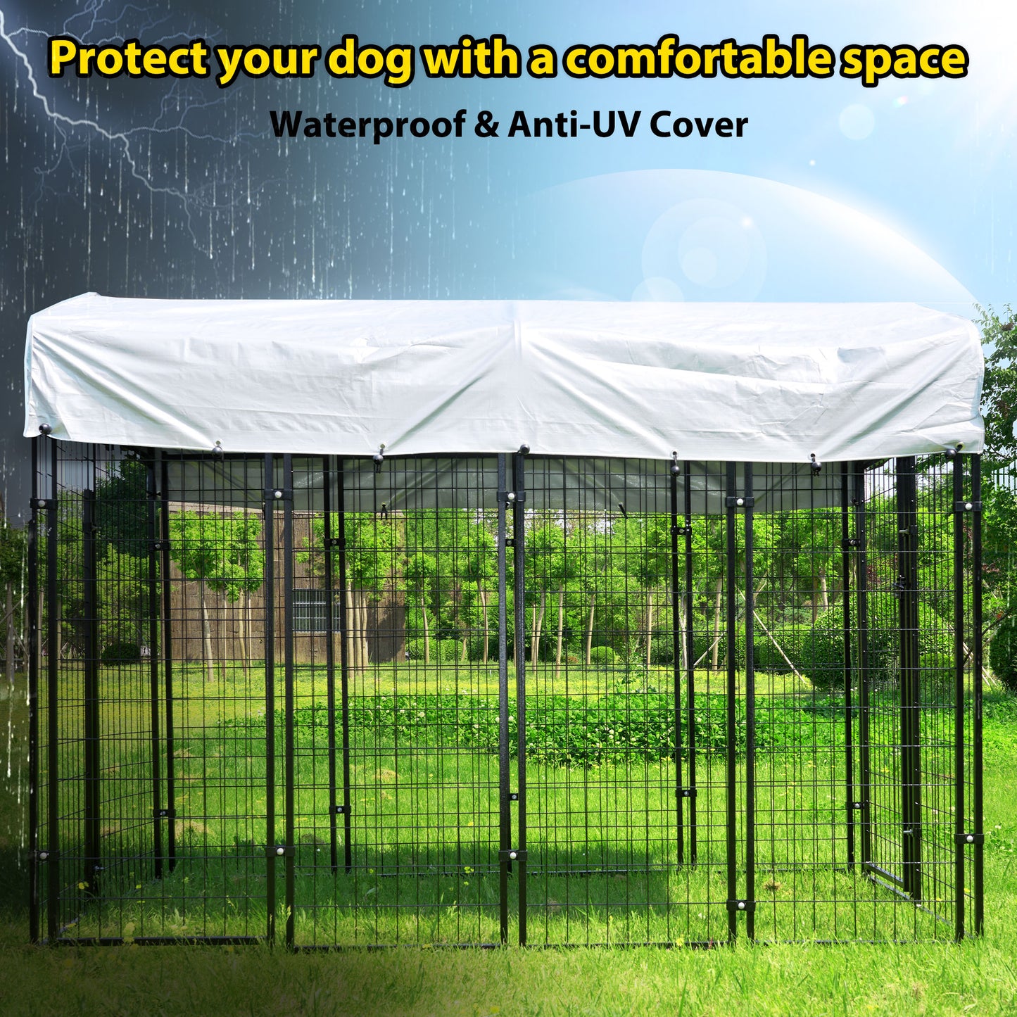 HITTITE Large Outdoor Dog Kennel, Heavy Duty Outdoor Dog Cage, Anti-Rust Dog Pens Outdoor with Waterproof UV-Resistant Cover and Secure Lock for Backyard,8'L x4' W x 6'H（with Roof）