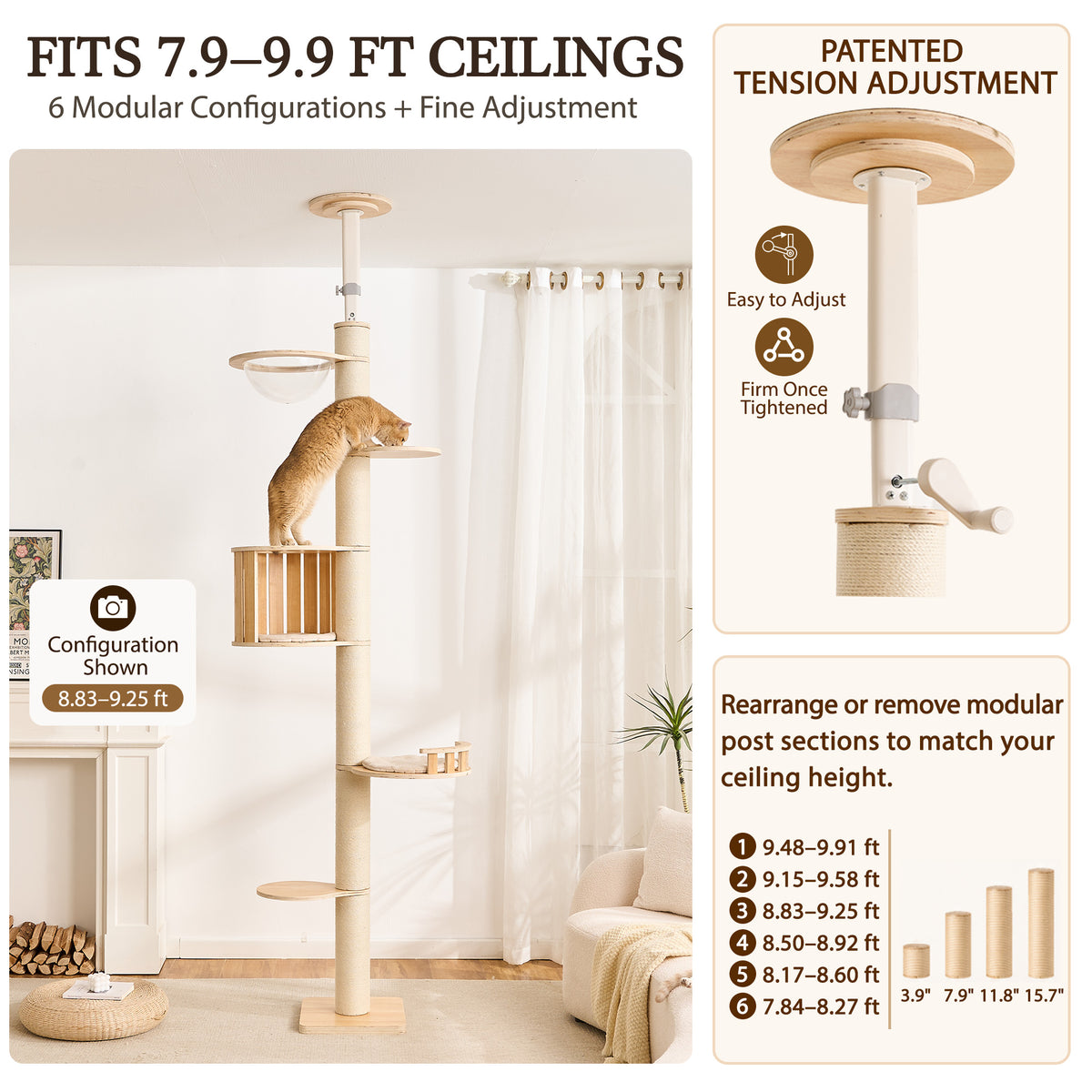Floor to Ceiling Cat Tree, Adjustable 7.9–9.9 ft Tension Cat Tower, Modern Multi-Level Cat Tree with Thick Sisal Posts, Hidden Caves, Capsule & Perches, No Drilling